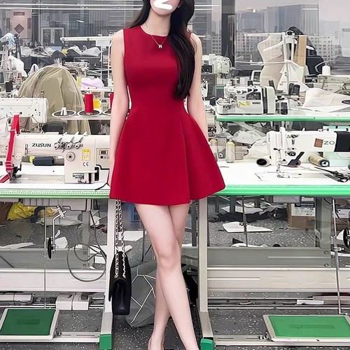 赫本风圆领无袖时尚百搭连衣裙女夏季气质收腰显瘦背心裙蓬蓬短裙