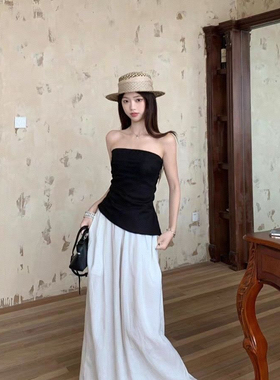 黑色性感不规则抹胸背心女装夏季新款设计感修身显瘦无袖挂脖上衣