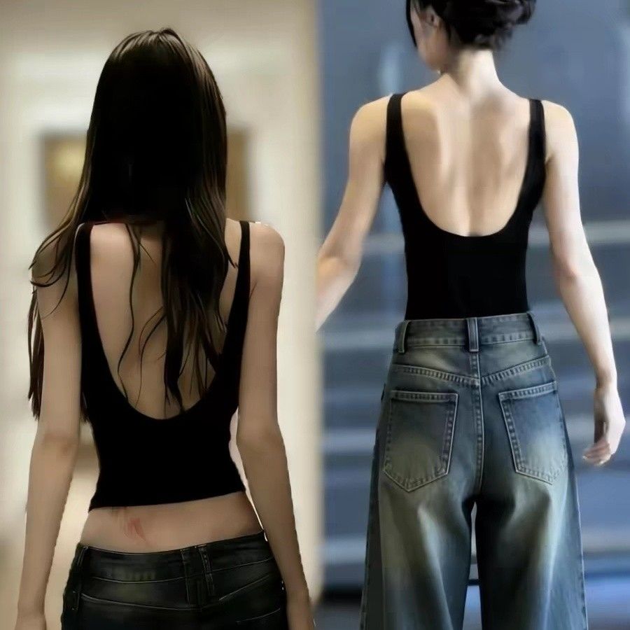 黑色性感露背吊带背心女夏季新款设计感小众修身显瘦无袖上衣