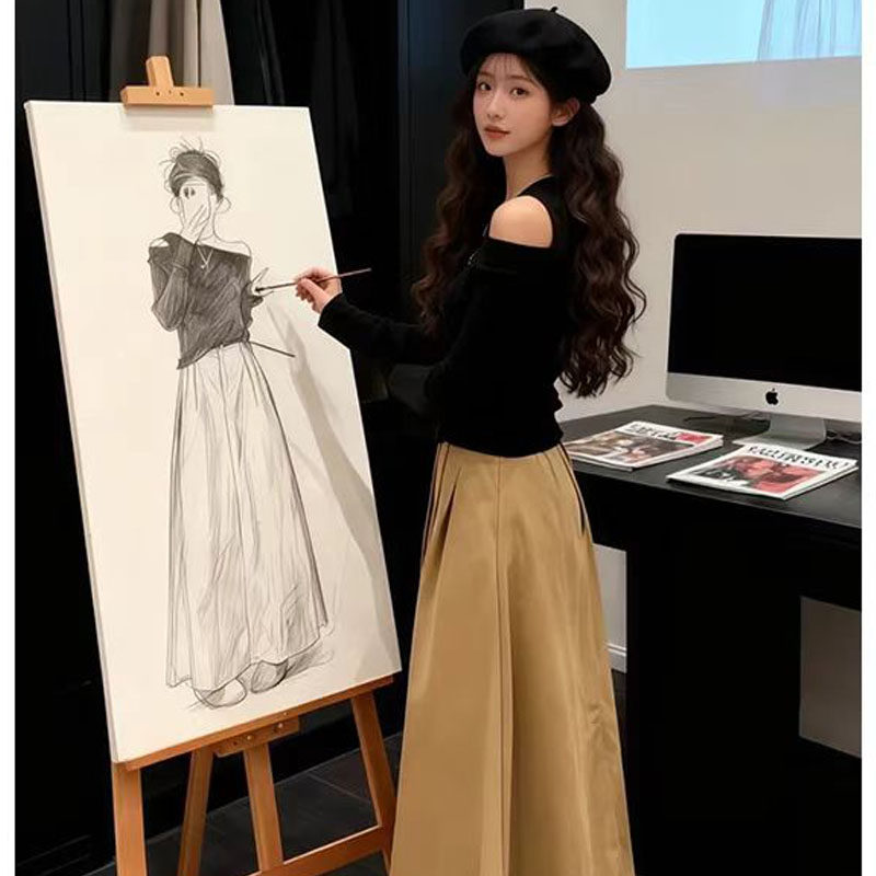 韩系氛围感黑色一字领露肩长袖T恤女秋季独特绝美设计感上衣