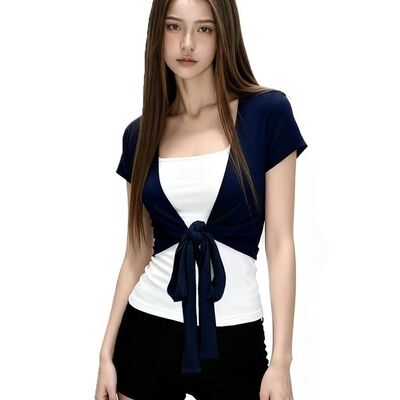 2026新款纯欲风辣妹真两件绑带短袖上衣女