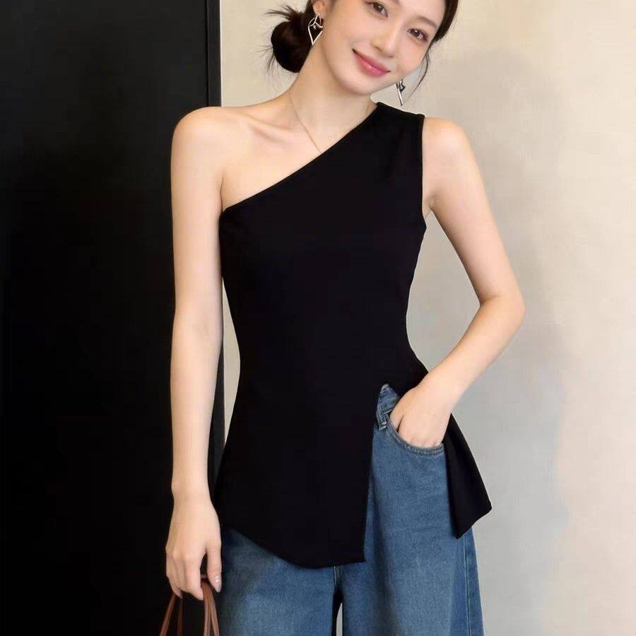 美式ins风性感辣妹斜肩背心内搭夏季修身显瘦不规则无袖外穿上衣