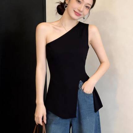 美式ins风性感辣妹斜肩背心内搭夏季修身显瘦不规则无袖外穿上衣