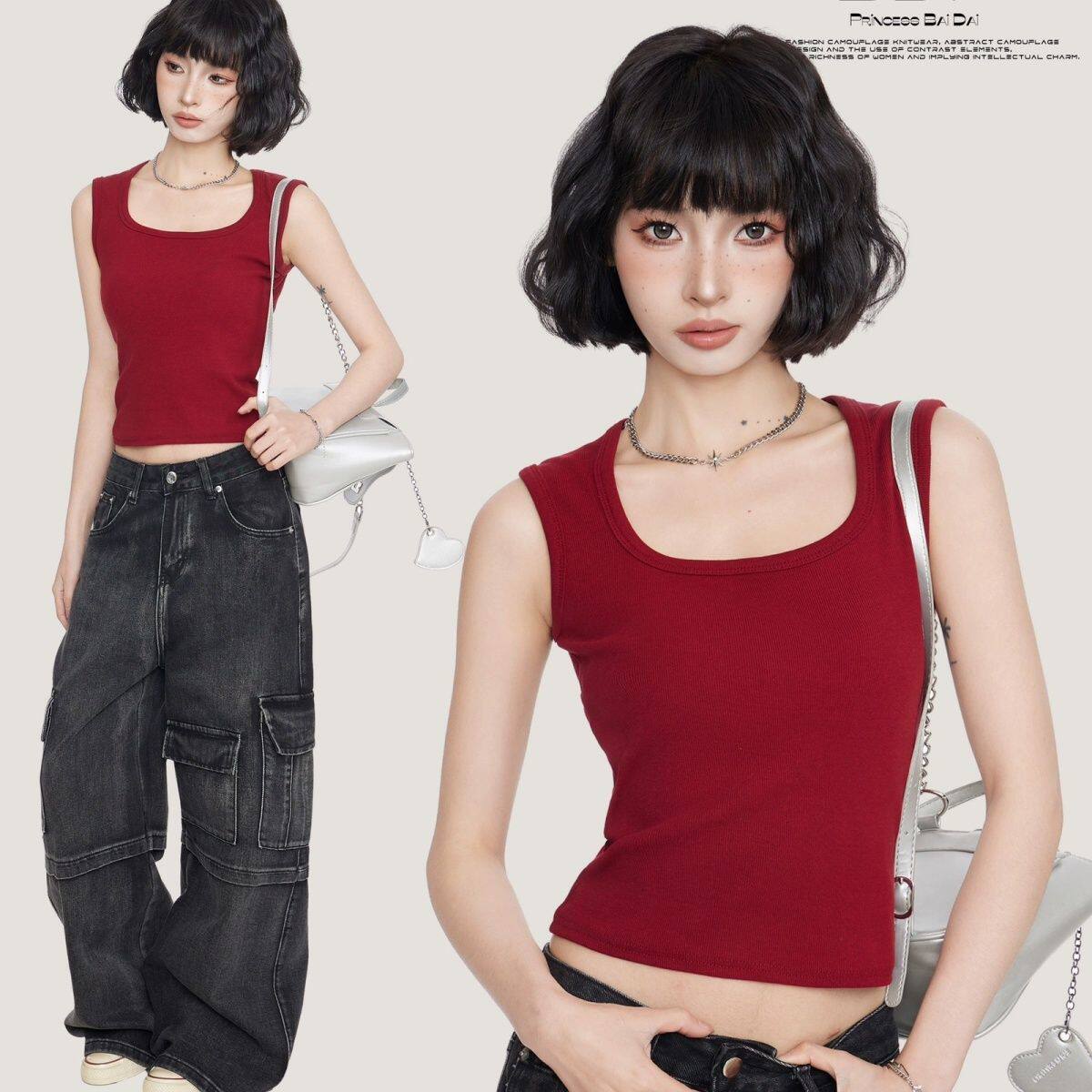 红色方领遮副乳工字吊带背心女夏季外穿美式无袖宽肩带上衣多巴胺