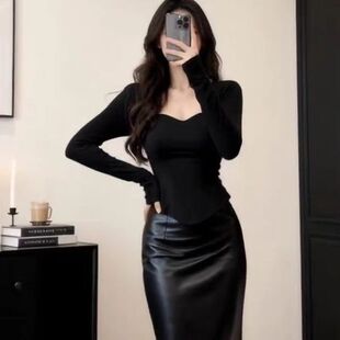 纯欲风高级感黑色方领修身显瘦长袖t恤女秋冬辣妹打底气质上衣潮