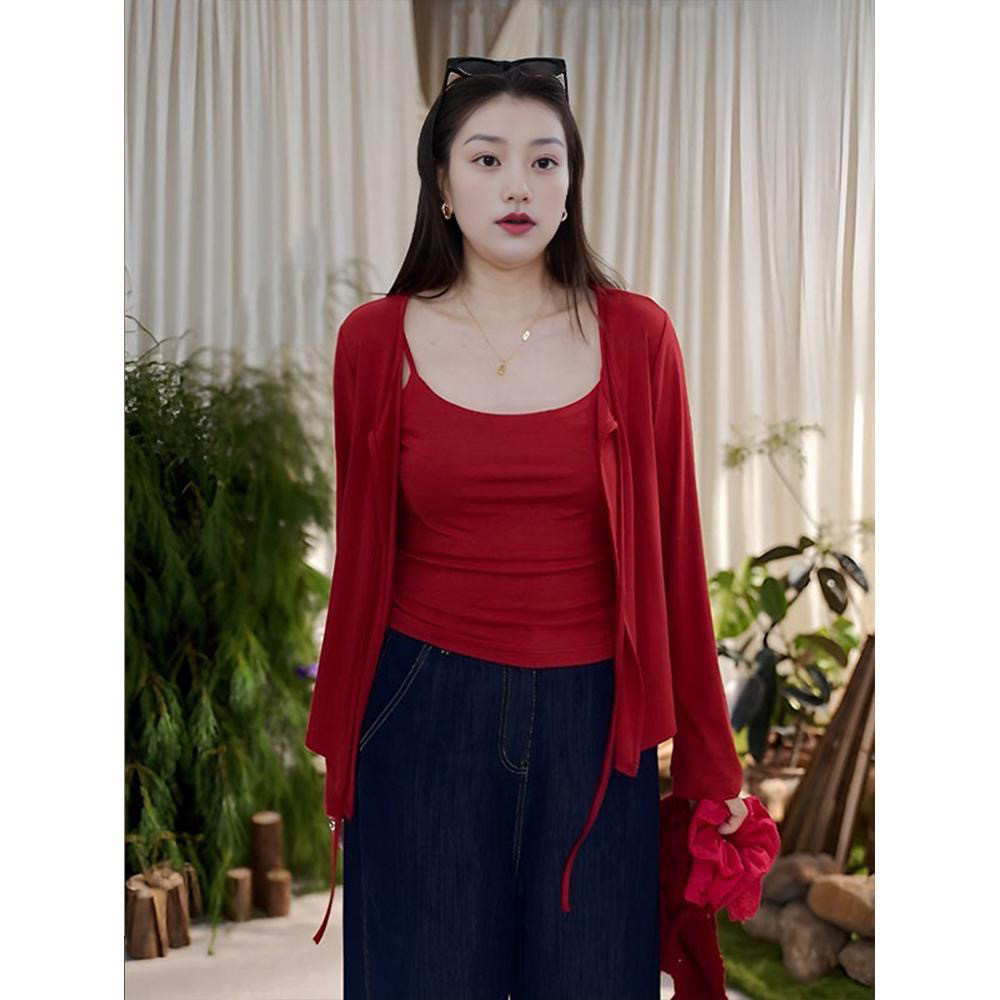 大码女装2025春季新款韩版时尚百搭显瘦吊带背心开衫两件套套装