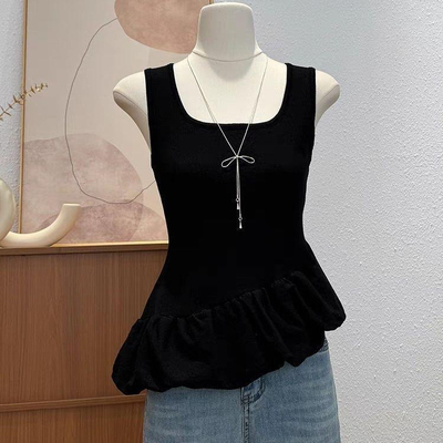 韩版方领露锁骨下摆不规则吊带背心女夏季新款设计感无袖上衣女
