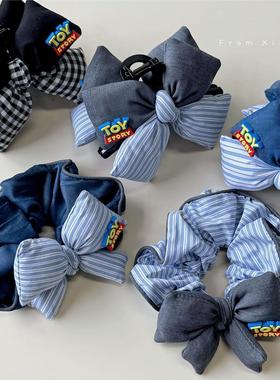 韩国BORA│蓝色格纹蝴蝶结盘发抓夹2025新款复古气质扎马尾大肠圈