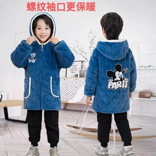 冬季男童罩衣卡通连帽牛奶绒三层夹棉加厚中长款围裙家居服护衣