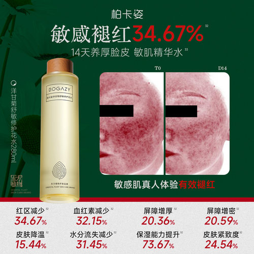 柏卡姿洋甘菊舒敏修护花水 脸红起皮紧致舒缓褪红补水保湿湿敷水