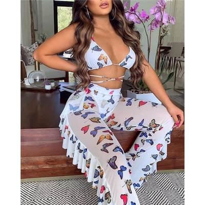 Butterfly Print Crisscross Top Ruffles Sheer Mesh Pants Set