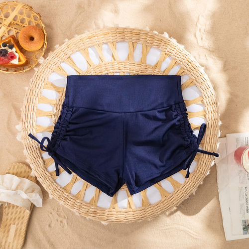 新款纯色泳裤女高腰平角游泳裤性感抽绳修身欧美外贸泳裤