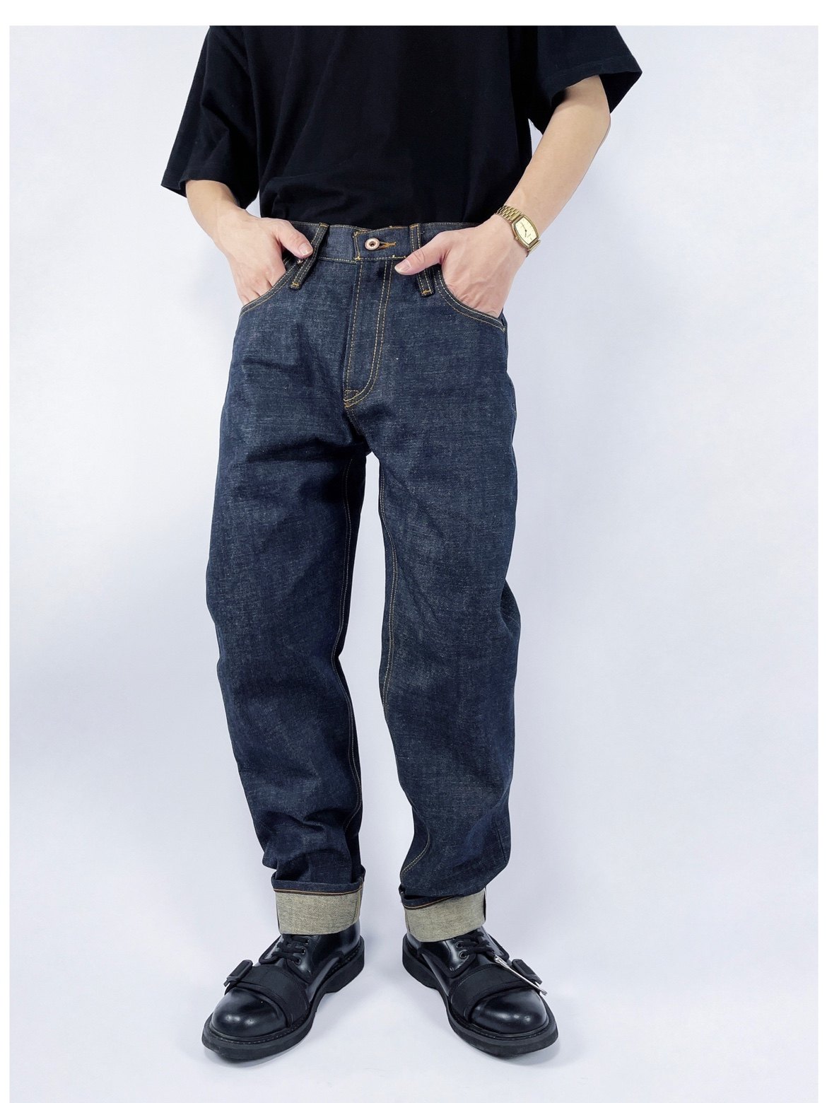 FAF原创日系复古重磅原色直筒牛仔裤男宽松赤耳丹宁原牛锥形牛仔