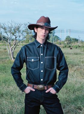 FAF原创深蓝色赤耳牛仔衬衫男日本冈山工装外套长袖简约丹宁外套