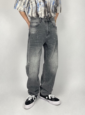 FAF原创黑色重磅宽松直筒日系复古怀旧手工泼墨牛仔裤男工装丹宁