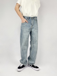 FAF原创复古做旧洗水宽松直筒牛仔裤 男重磅设计感休闲丹宁