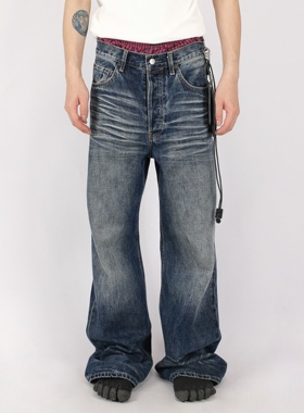 FAF原创美式复古水洗蓝色牛仔裤男水波纹微喇宽松阔腿裤潮