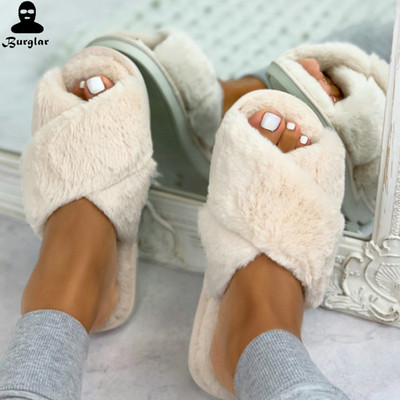 Women Warm Fluffy Slippers Cozy Faux Fur Cross Indoor Slides