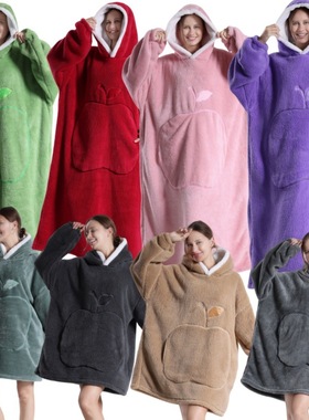 Couples Wearable Blanket Hooded Long Sleeve Fleece Robe 袖毯