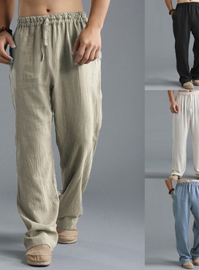 Cotton Linen Loose Trousers Men Summer Cargo Pants 棉麻长裤