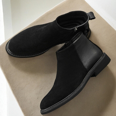反绒牛皮+二层牛皮切尔西男靴子