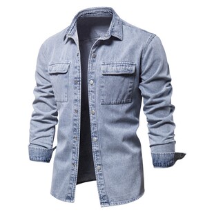 Shirts Men Sleeve Cotton Shirt Long Denim Spring 100% Casual