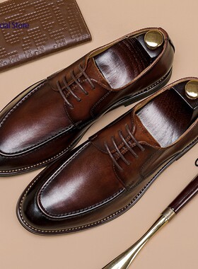 Men's Leather Shoes 夏季手工真皮复古英伦皮鞋一脚蹬休闲单鞋