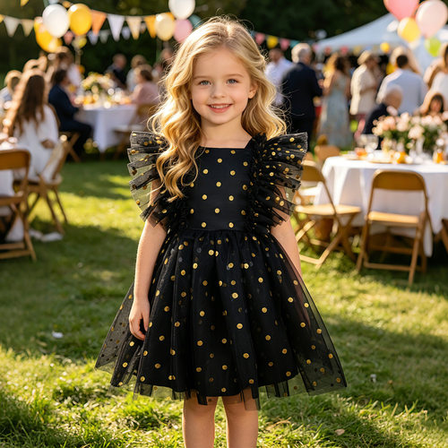 Girls Black Gold Polka Dot Flutter Sleeve Tulle Tutu Dresses