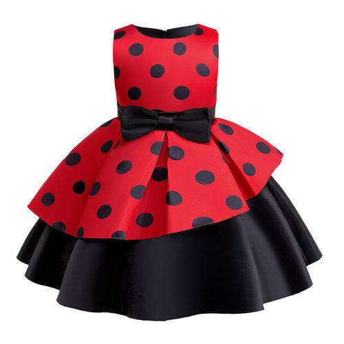 Girls Red Printed Bow Princess Dress Kids Party Formal Skirt