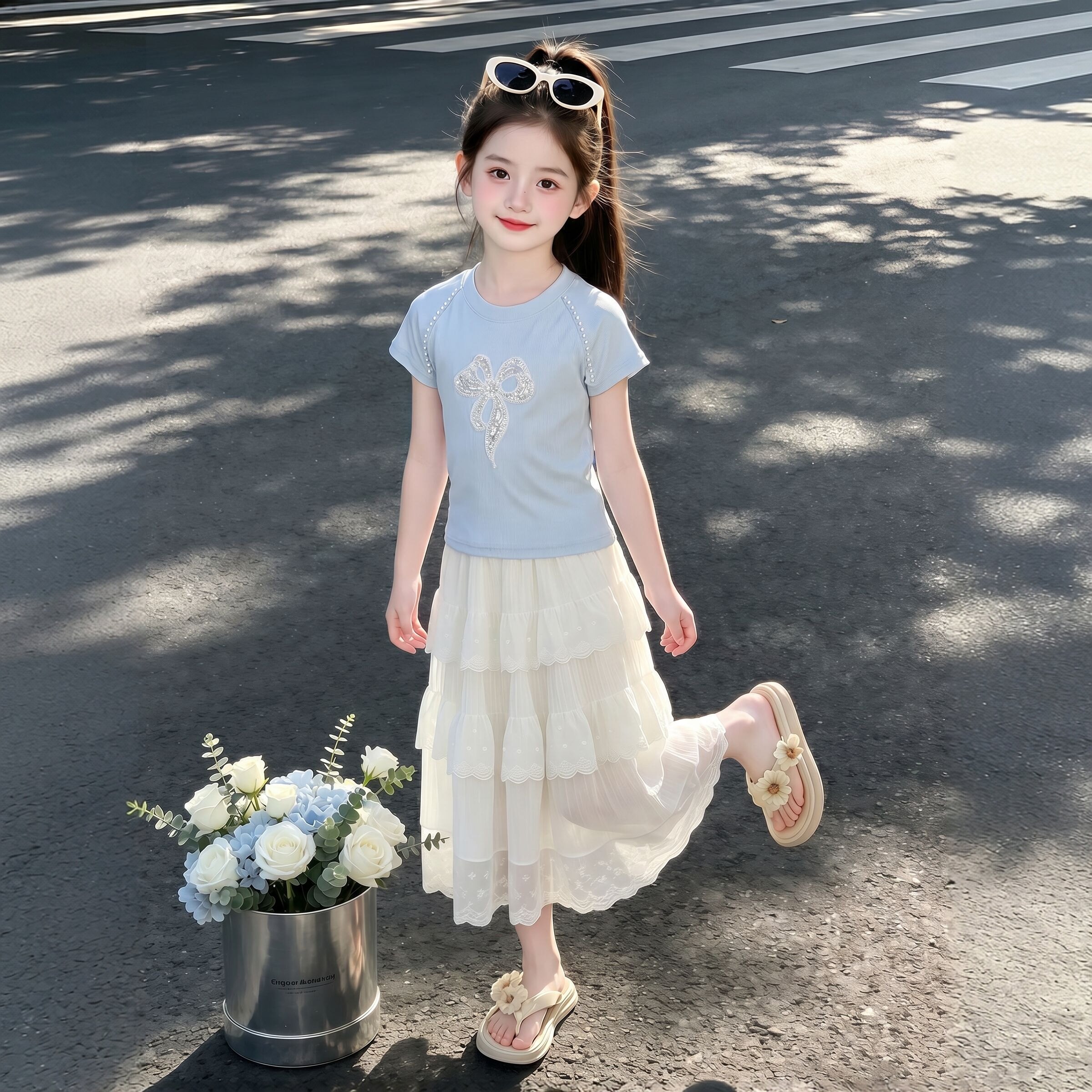 夏季女童套装裙子2026新款女孩夏装短袖T恤儿童蛋糕半身裙两件套