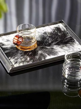 现代简约不不锈钢马毛托盘样板间售楼处客厅茶几皮革托盘收纳盘