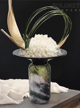 现代简约天然大理石几何创意花器样板间茶几餐桌台面石头花瓶摆设