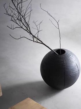 复古新中式原生态碳化木创意花瓶摆件样板间侘寂风实木花瓶装饰品