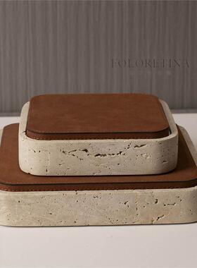 现代轻奢简约天然黄洞石皮革首饰盒样板间高端别墅台面收纳盒摆件