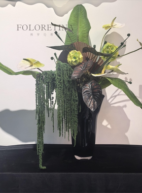 中古风现代轻奢简约手工艺术玻璃异形花器果盘样板间茶几琉璃花瓶