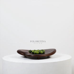 中古风实木异形托盘摆件复古样板间木头收纳盘五金果盘装饰摆设