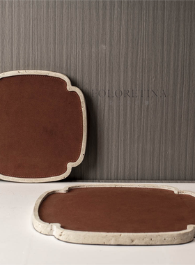 现代轻奢天然黄洞石几何皮革创意托盘样板间别墅茶几台面收纳盘