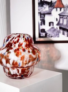 中古风手工玻璃彩色斑点几何创意花瓶复古风样板间客厅电视柜花器