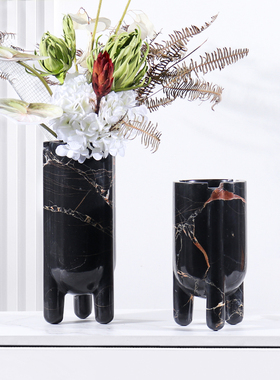 现代轻奢简约天然大理石几何异形创意花器样板间客厅黄洞石花瓶