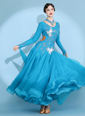 孔雀蓝新款摩登舞交谊舞演出服S7074比赛服装国标舞华尔兹连衣裙