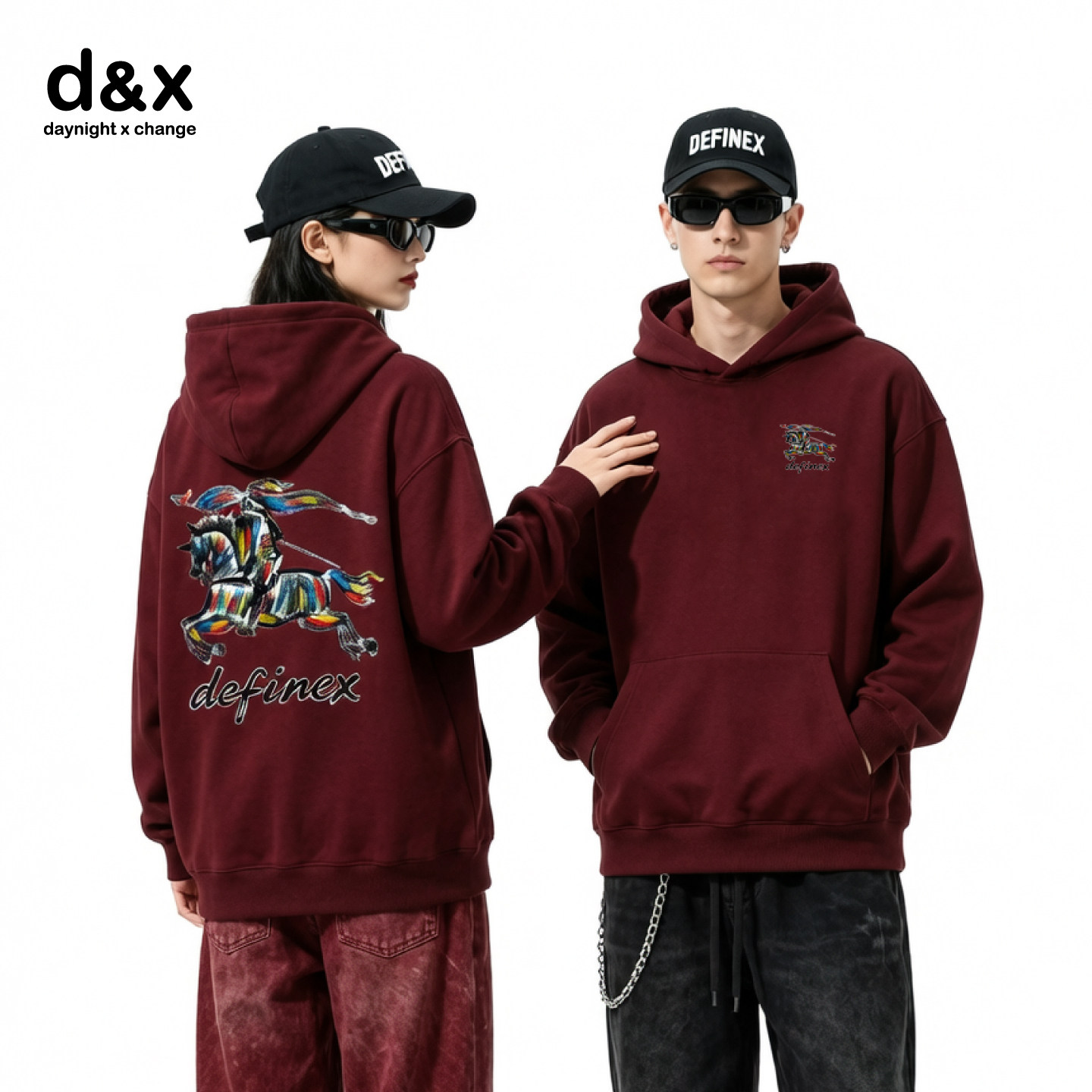 DX潮牌连帽卫衣男26年春款战马涂鸦印花长袖情侣美式复古打底衫女