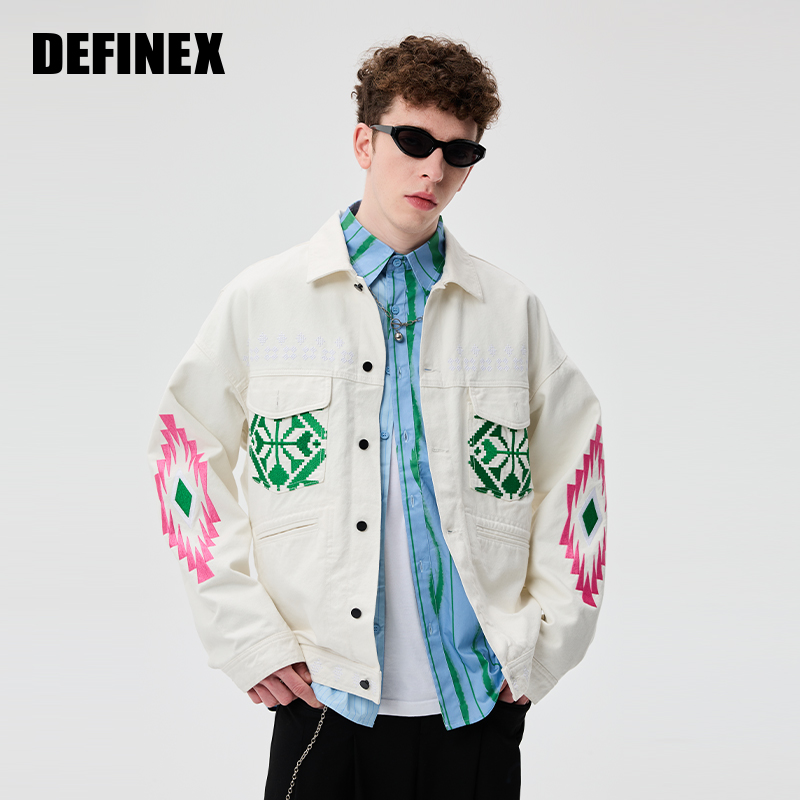 定位撞色元素绣花帆布夹克