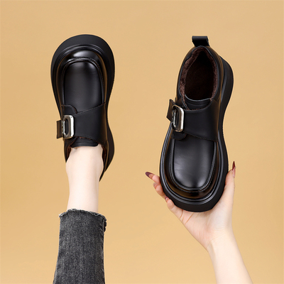 高品质圆头厚底加绒乐福鞋软底