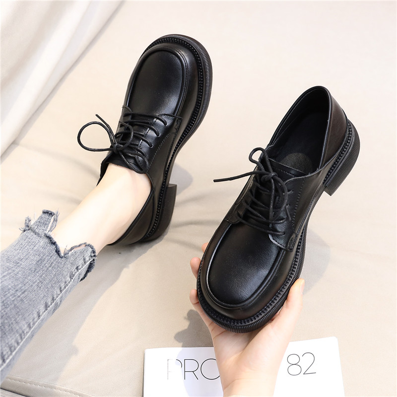 棕色小皮鞋平底复古系带