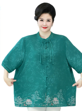 中老年女装真丝香云纱衬衫春夏装加肥加大码胖妈妈桑蚕丝半袖上衣