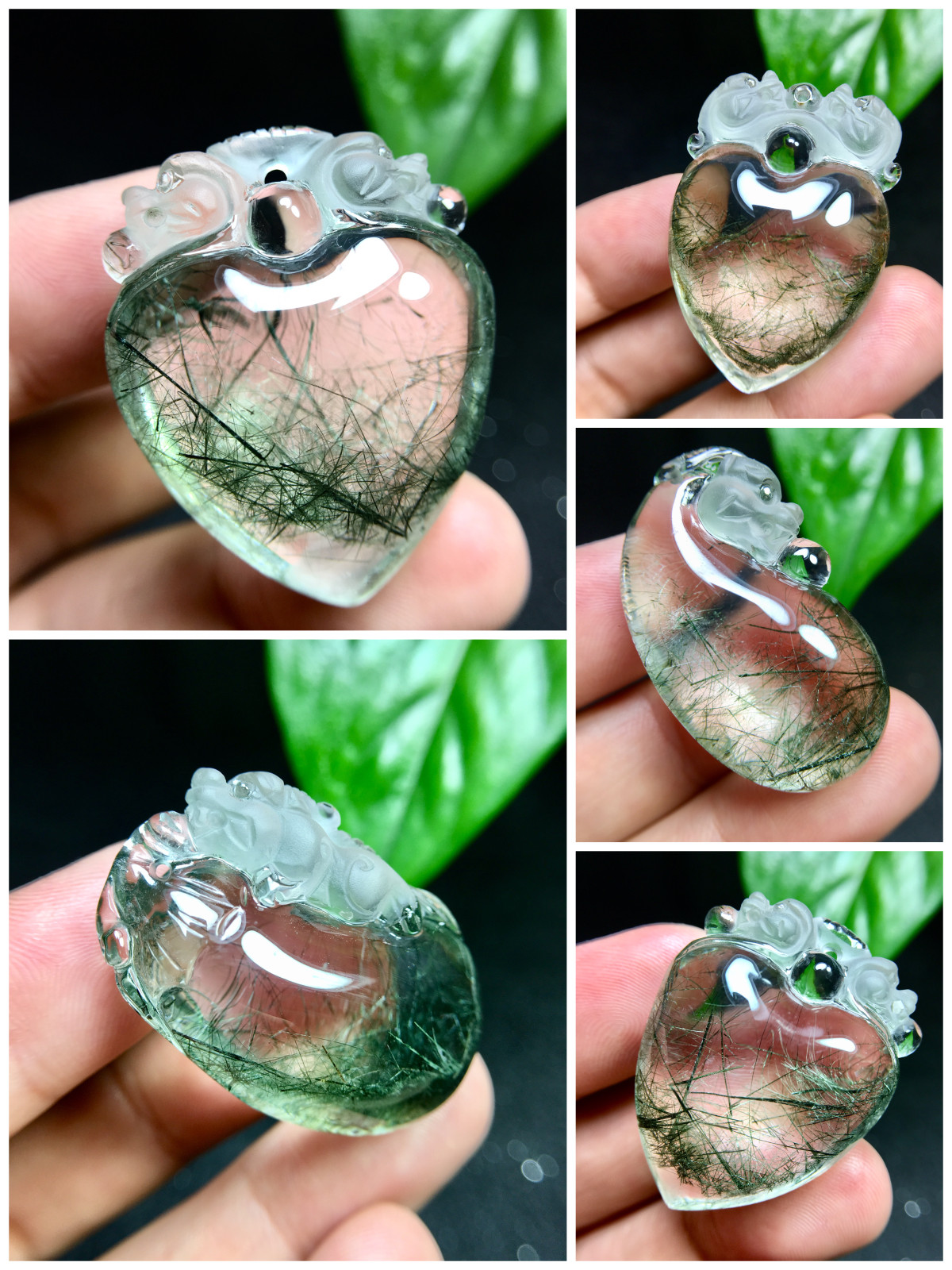 全净体原色天然金字塔绿发晶神兽双貔貅平安无事牌吊坠绿水晶挂件