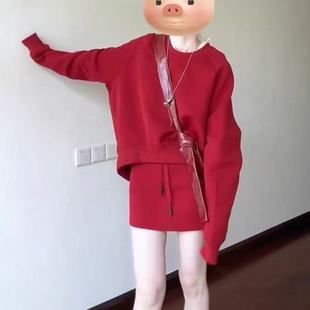 2025新款红色卫衣套装女冬季宽松休闲两件套小个子减龄