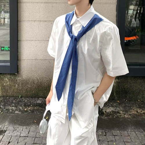 夏季美式学院风假两件短袖衬衫男