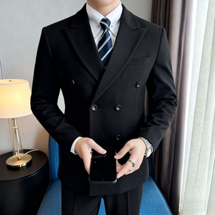 男韩版 新郎西服套装 男士 英伦商务休闲双排扣毛呢西装 结婚礼服 修身