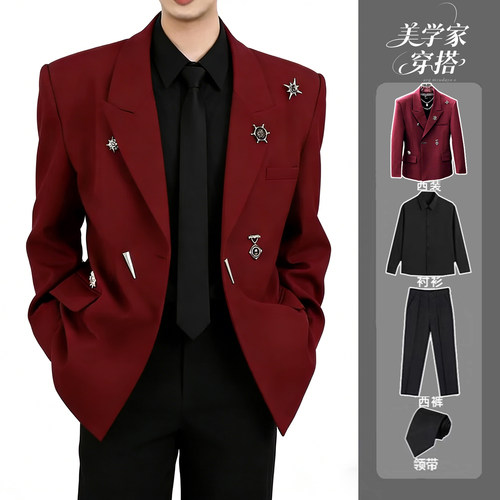 春季韩系金属装饰收腰男士西服